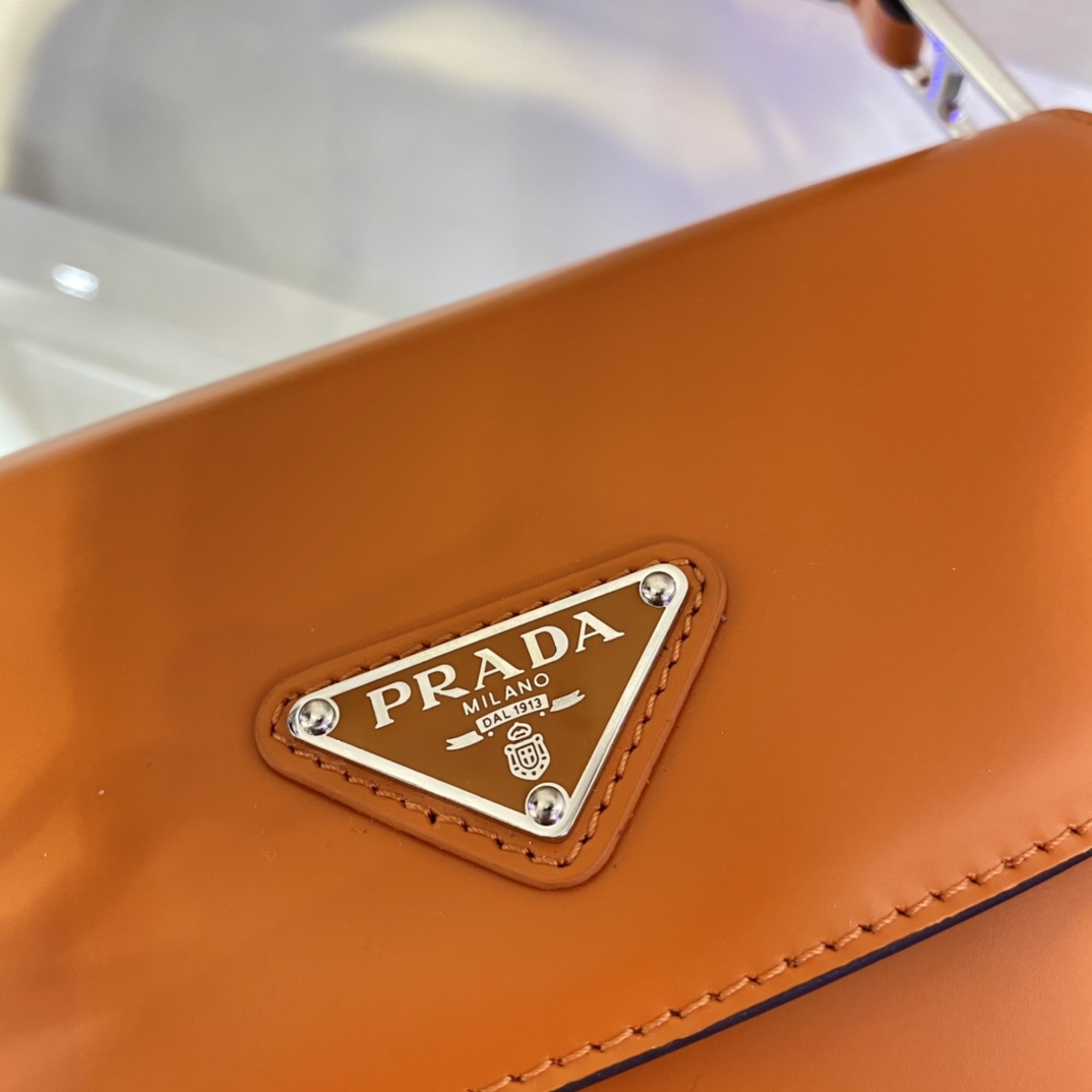 Prada Cleo Brushed Leather Shoulder Bag With Flap Orange 1BD303